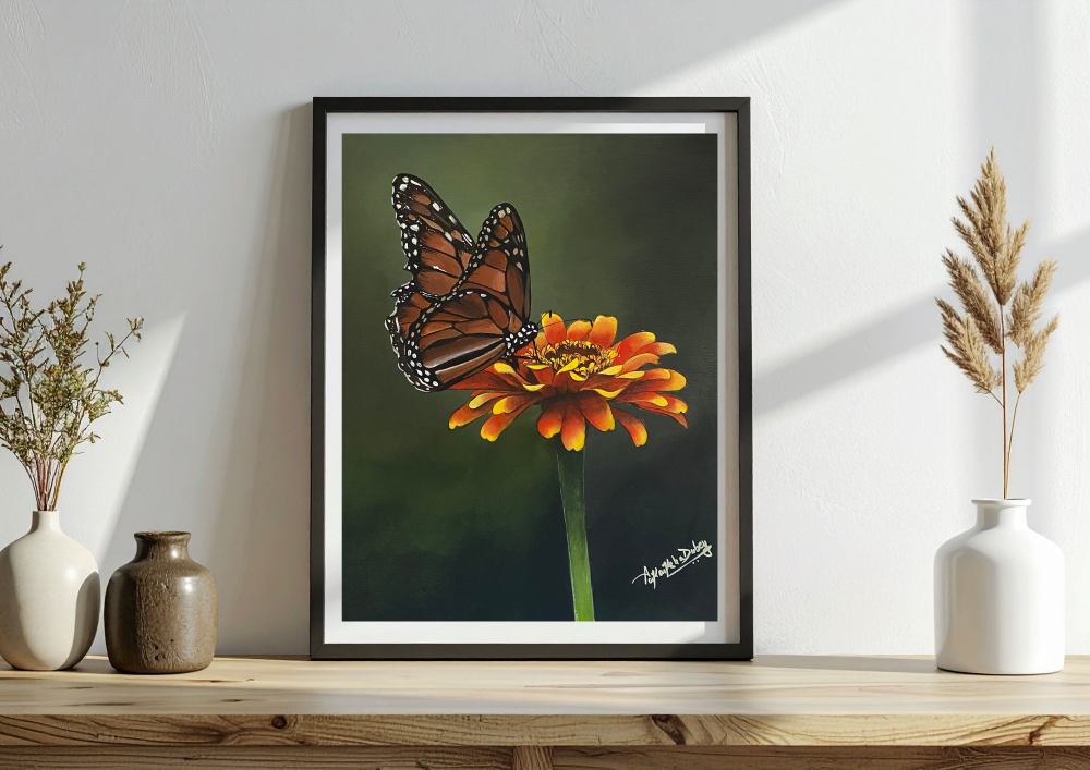 Monarch Butterfly Acrylic Painting | Orange Flower Wall Art | 10 x 11.5 Inch