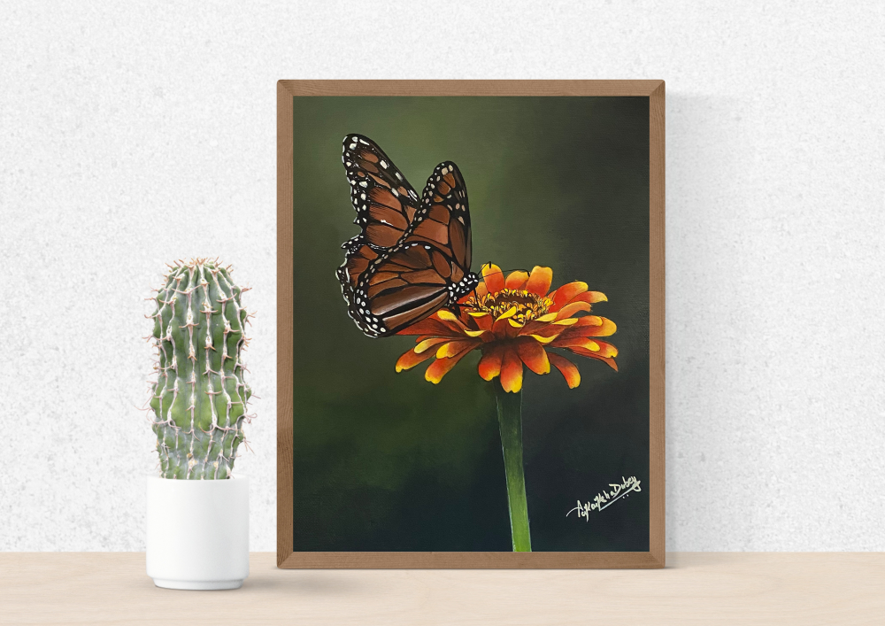 Monarch Butterfly Acrylic Painting | Orange Flower Wall Art | 10 x 11.5 Inch