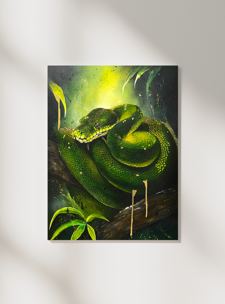Emerald Guardian – Green Python  | Stretched Canvas | 50 × 70 cm | Acrylic Painting | Original