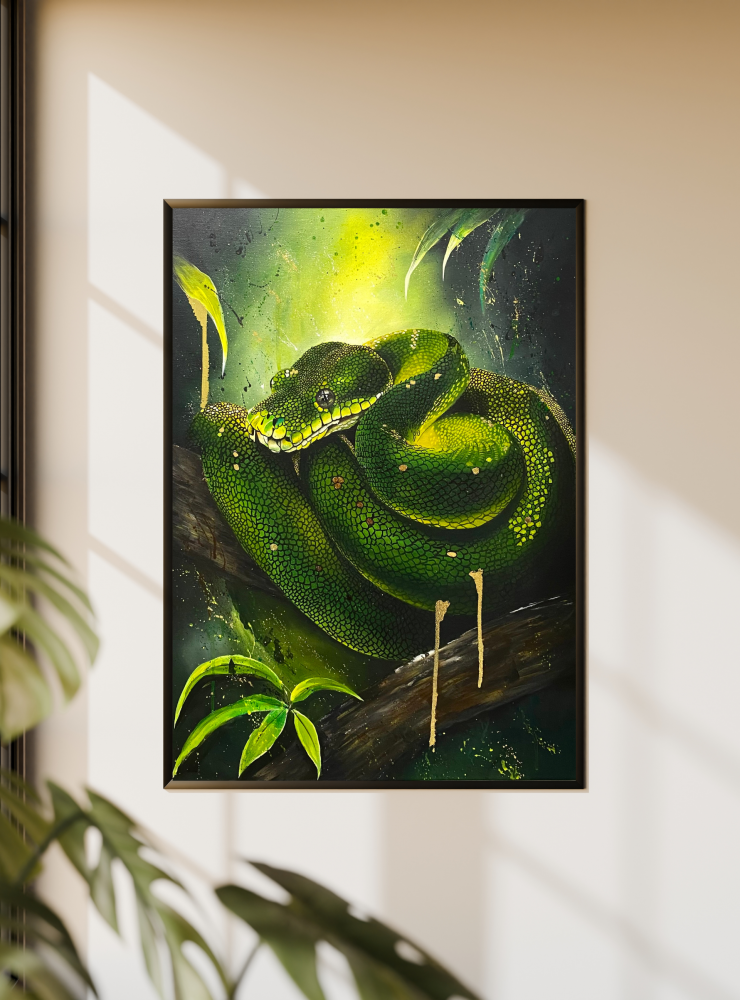 Emerald Guardian – Green Python  | Stretched Canvas | 50 × 70 cm | Acrylic Painting | Original