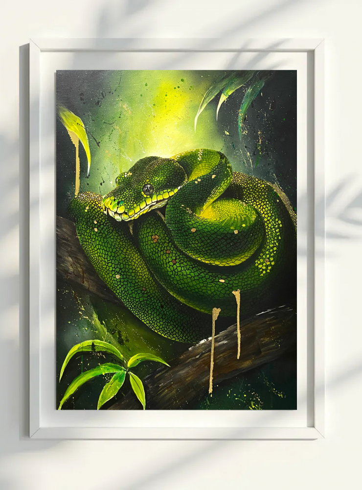 Emerald Guardian – Green Python  | Stretched Canvas | 50 × 70 cm | Acrylic Painting | Original