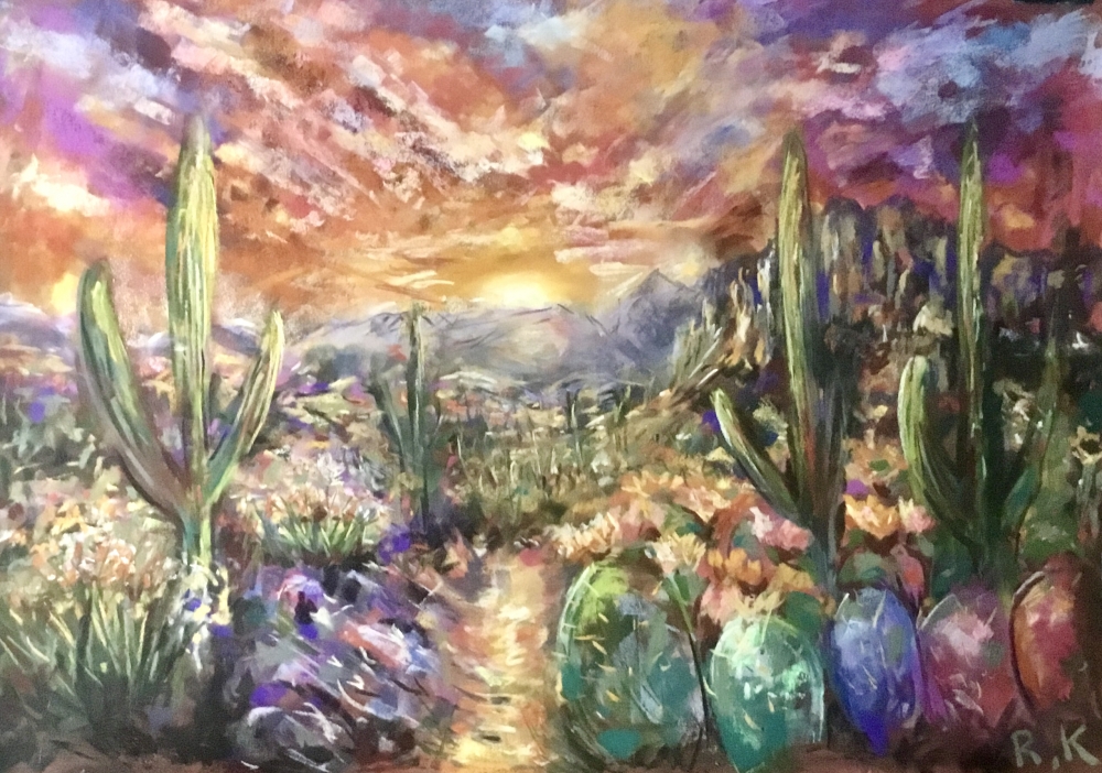 Sunset Over the Mexican Desert – Original Soft Pastel Painting | Vibrant Mexican Landscape | 50 × 70 cm