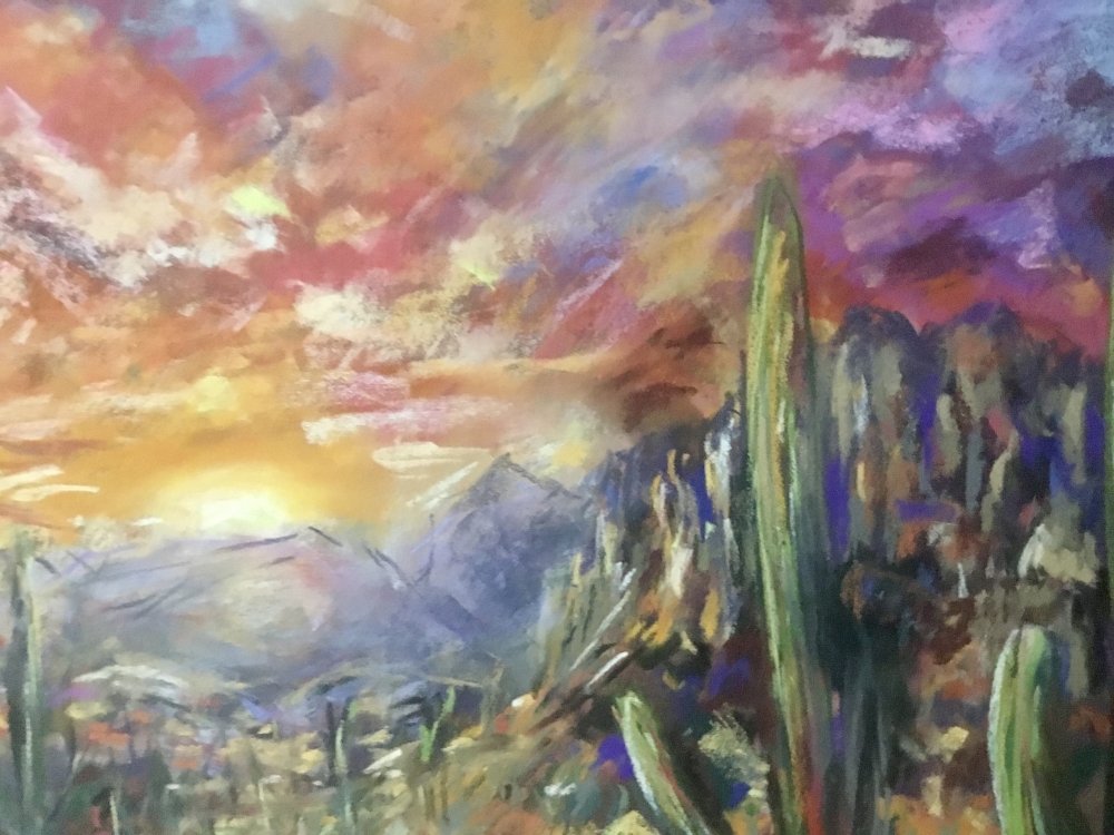 Sunset Over the Mexican Desert – Original Soft Pastel Painting | Vibrant Mexican Landscape | 50 × 70 cm