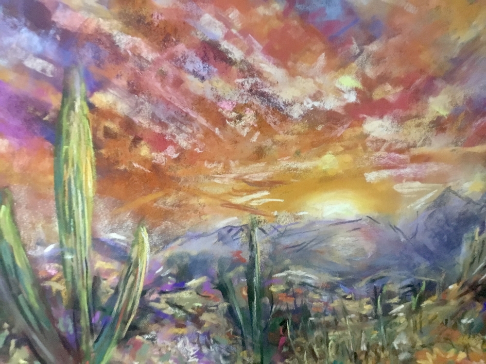 Sunset Over the Mexican Desert – Original Soft Pastel Painting | Vibrant Mexican Landscape | 50 × 70 cm