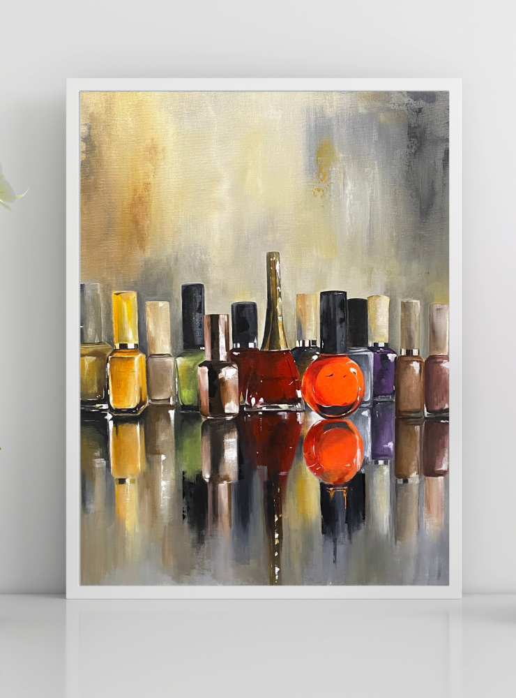 Nail Polish Bottles, Reflections | Original Acrylic | Still Life Painting | 40 x 50cm
