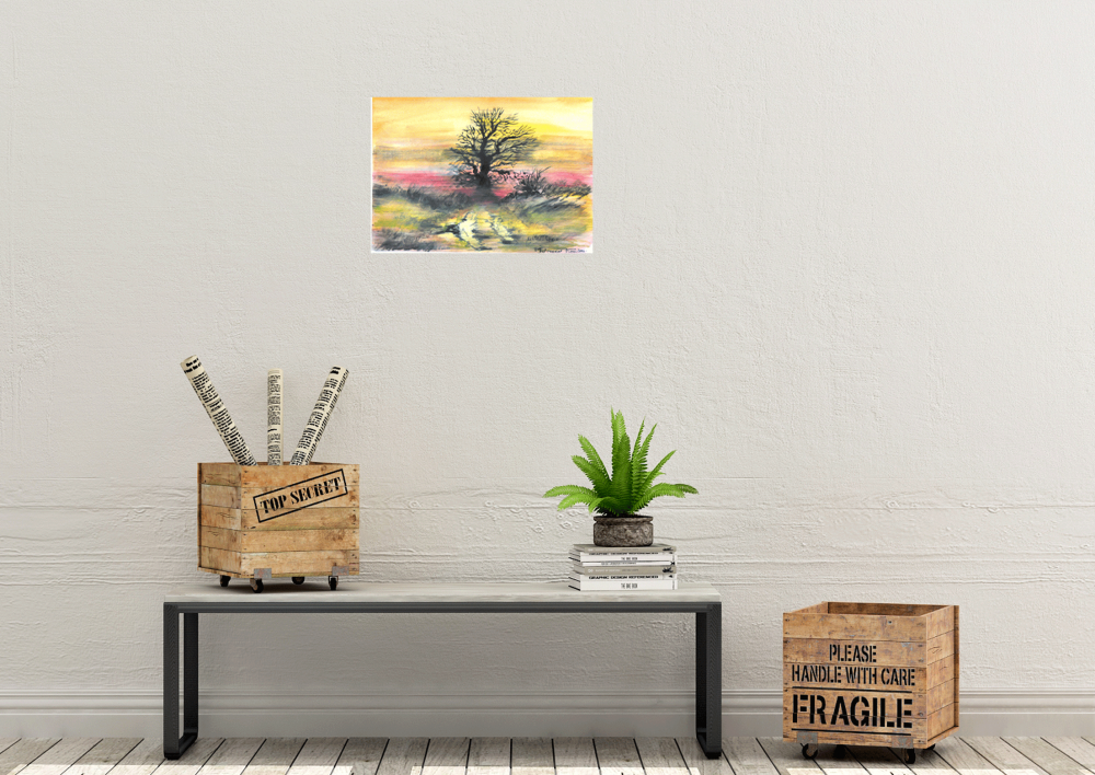 Canadian Landscape sun set, watercolors on cold press paper, 9x12, inch, 23x30.5 cm, SKU 4002