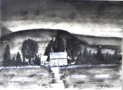 Canadian night landscape,  9x12 inch, 23x30.5 cm, water colors on cold paper, SKU 4005
