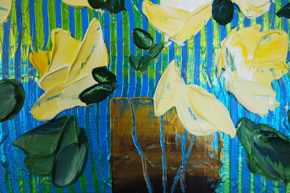 3D Yellow Flowers in Gold and Brown Vase 128