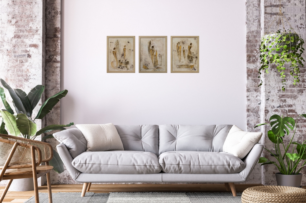 Andere Welten – Neutral Gold Abstract Triptych