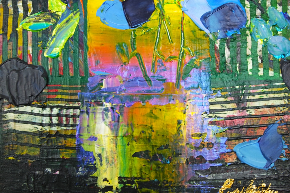 Blue Flowers in Yellow and Purple Vase 122
