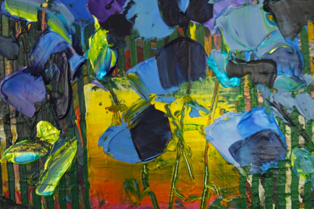Blue Flowers in Yellow and Purple Vase 122