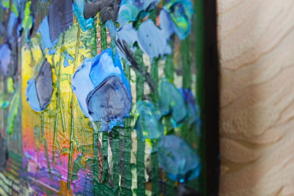 Blue Flowers in Yellow and Purple Vase 122