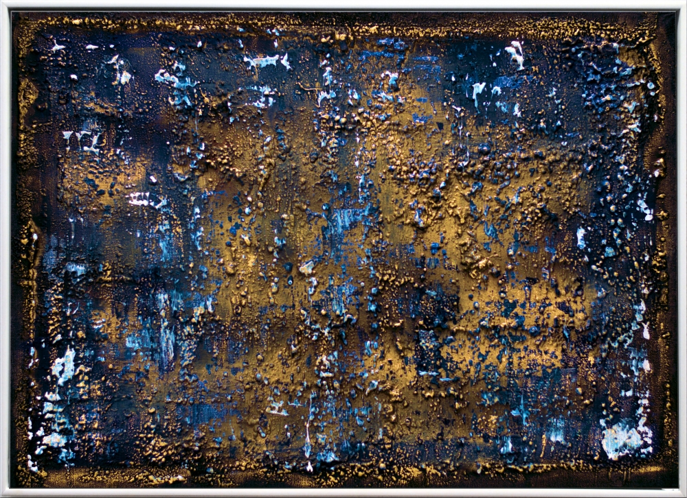 Molten Silence – Blue and Gold Textured Abstract Painting