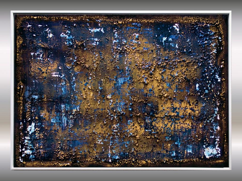 Molten Silence – Blue and Gold Textured Abstract Painting