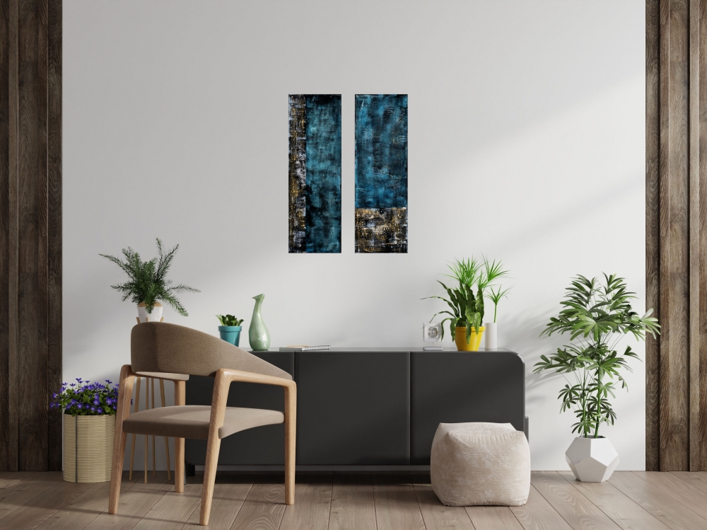 Free Spirit – Blue & Gold Textured Abstract Diptych