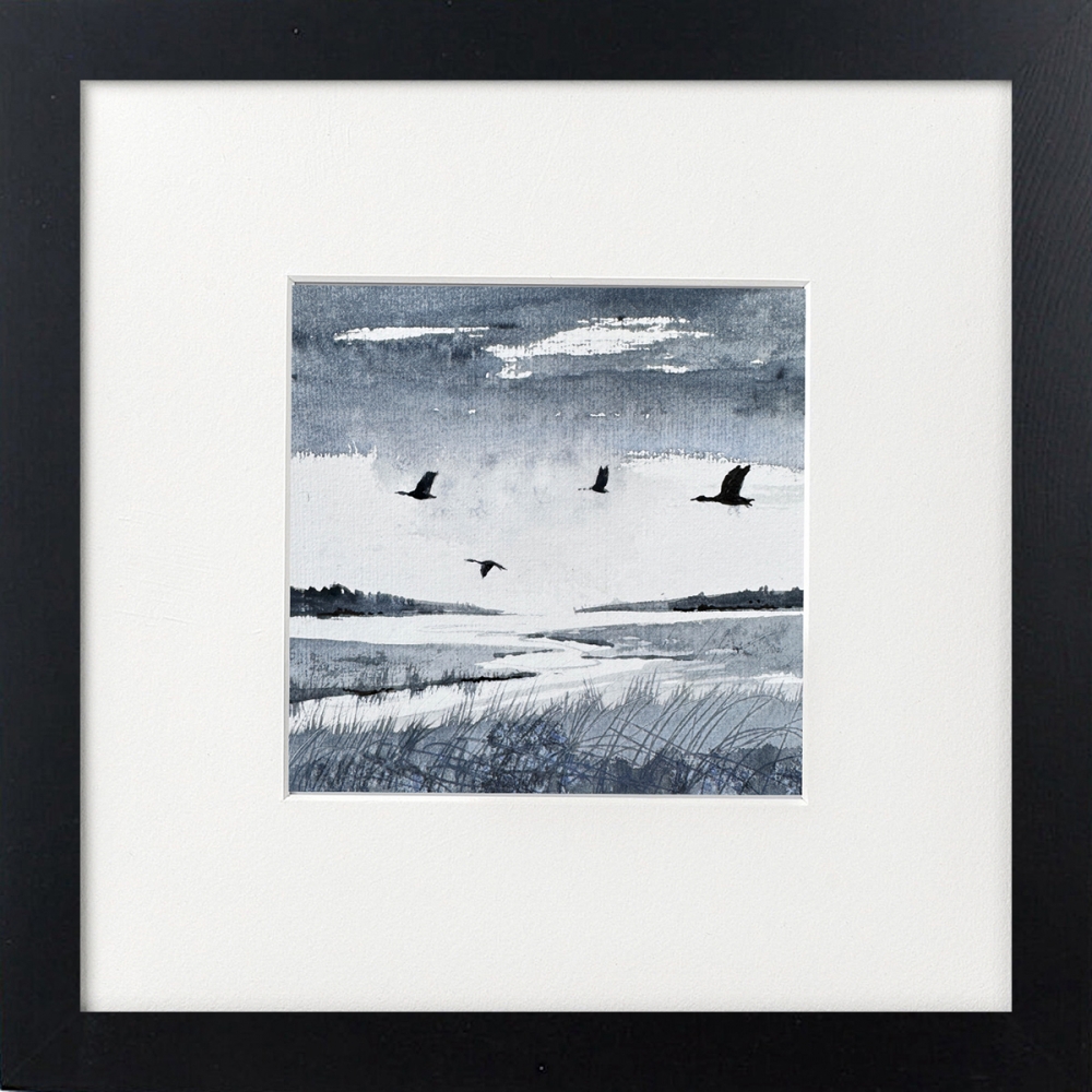 Monochrome - Brooding Marsh skies, Geese flying over framed