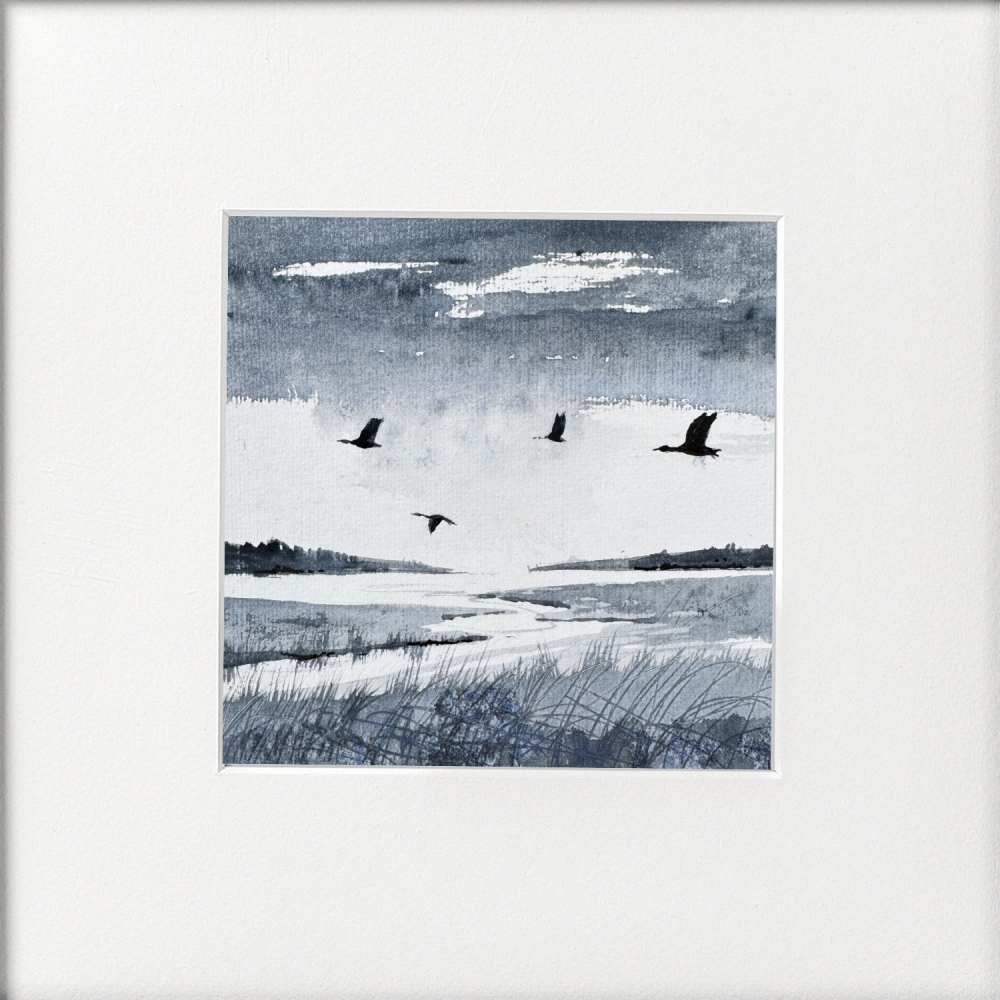 Monochrome - Brooding Marsh skies, Geese flying over framed