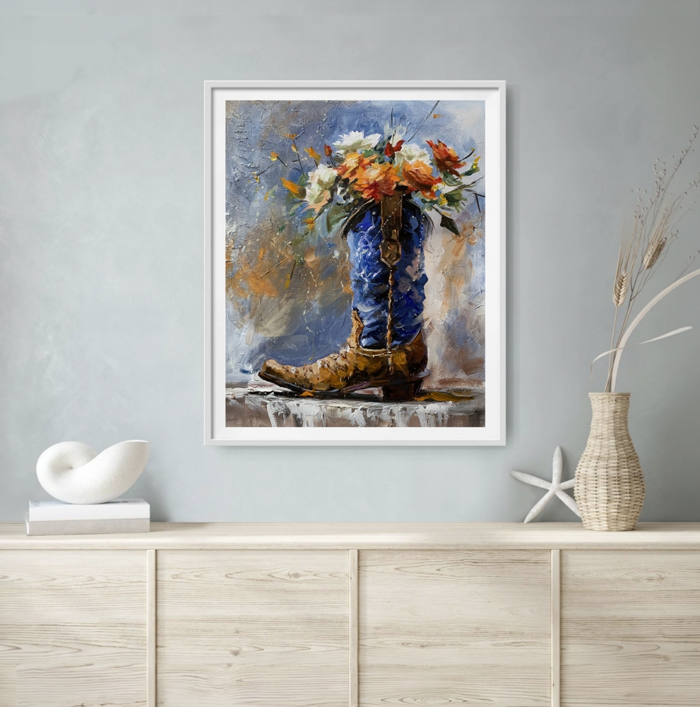 Blue Cowboy Boot with Wildflowers