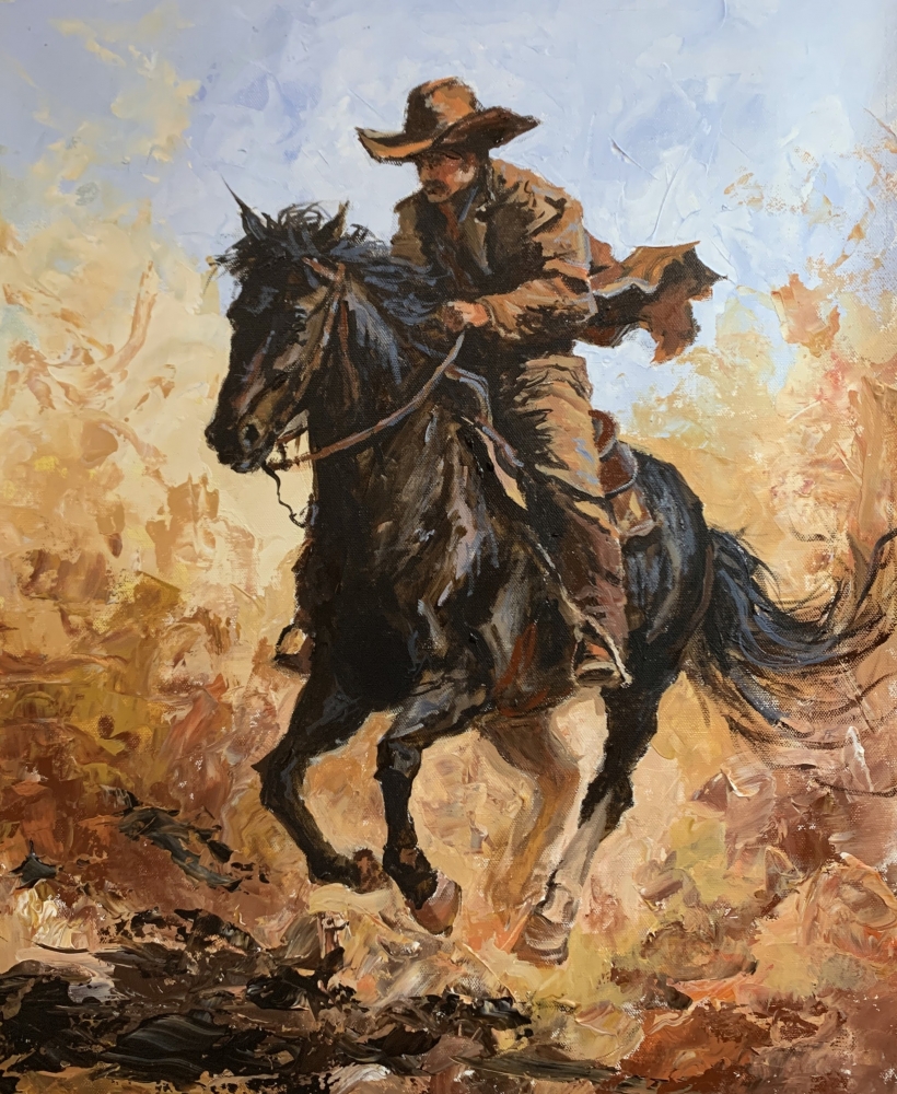 Cowboy on a Black Horse Across a Dusty Prairie.