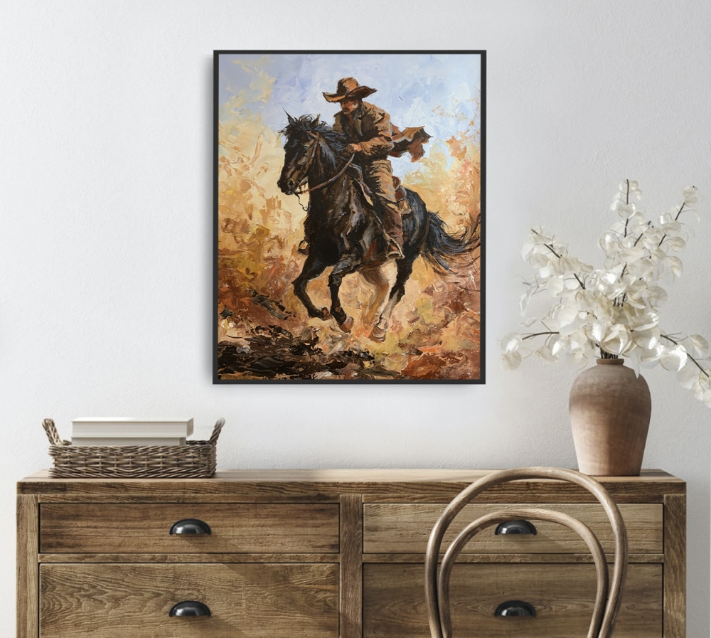 Cowboy on a Black Horse Across a Dusty Prairie.