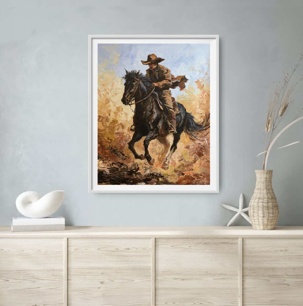 Cowboy on a Black Horse Across a Dusty Prairie.