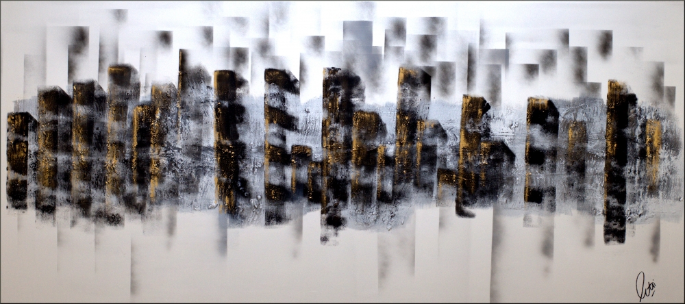 Urban Reflections – Large Black, White & Gold Abstract Cityscape