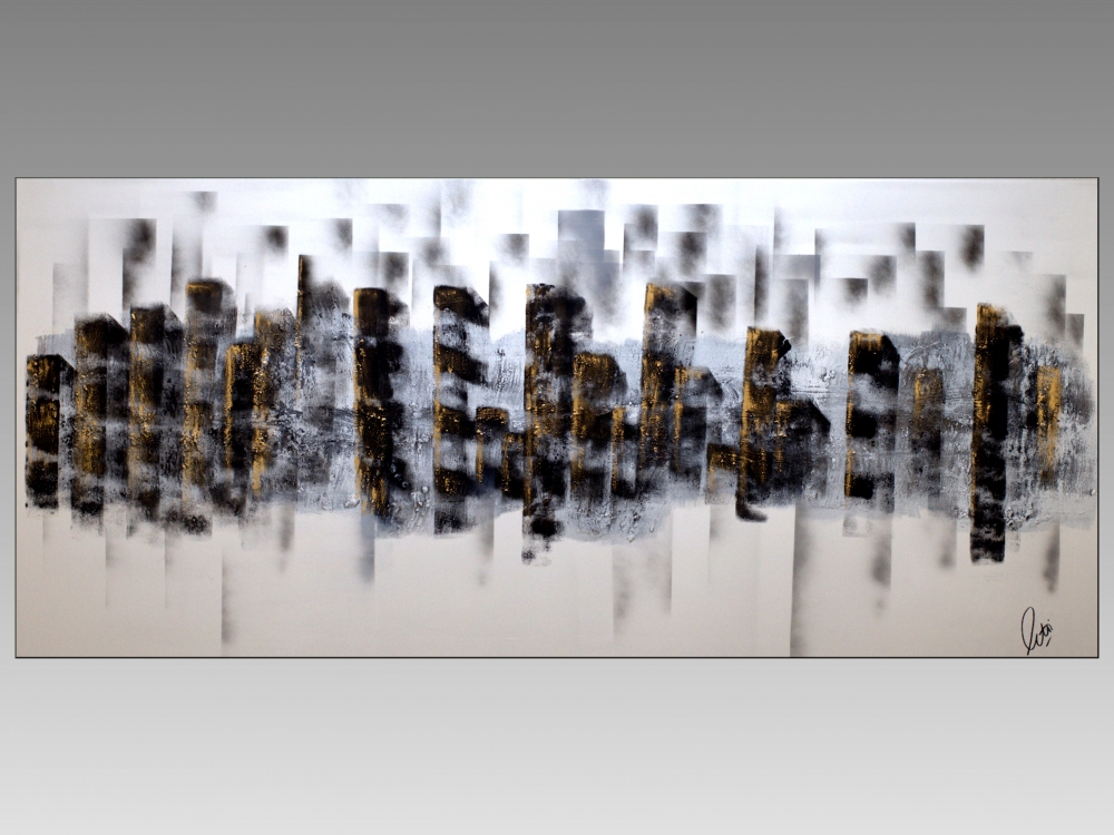 Urban Reflections – Large Black, White & Gold Abstract Cityscape