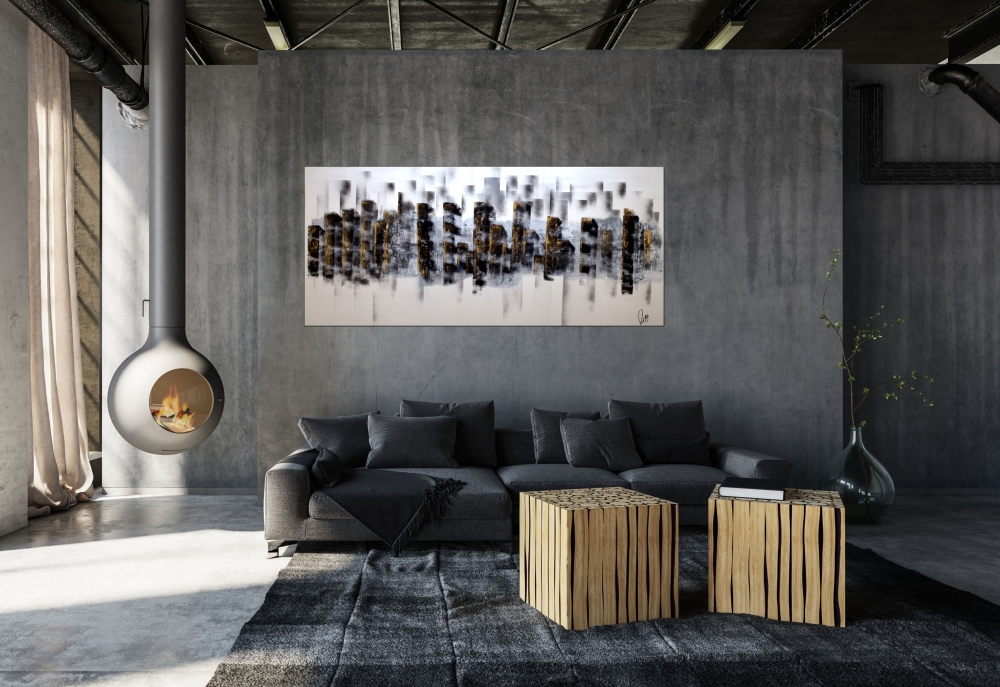 Urban Reflections – Large Black, White & Gold Abstract Cityscape
