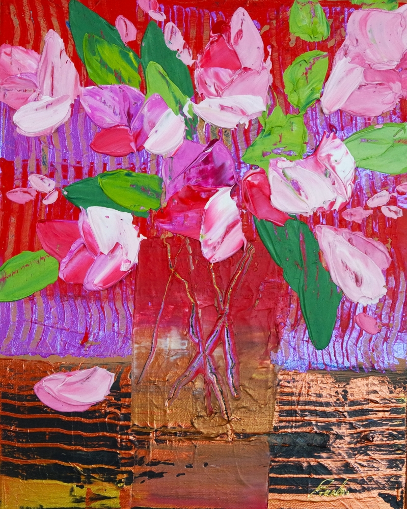 Pink Flowers in Gold and Red Vase 110