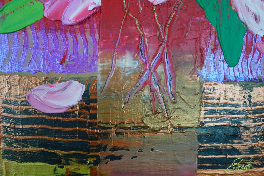 Pink Flowers in Gold and Red Vase 110