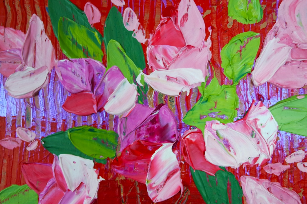 Pink Flowers in Gold and Red Vase 110