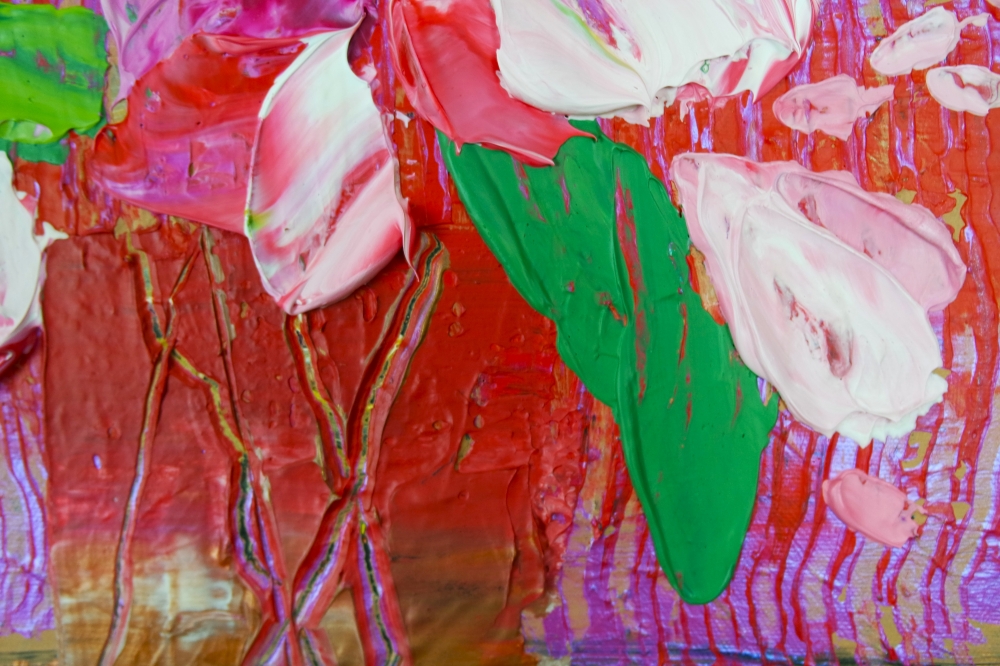 Pink Flowers in Gold and Red Vase 110