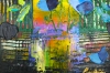 Blue Flowers in Yellow and Purple Vase 122