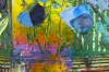 Blue Flowers in Yellow and Purple Vase 122