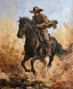 Cowboy on a Black Horse Across a Dusty Prairie.