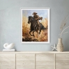 Cowboy on a Black Horse Across a Dusty Prairie.