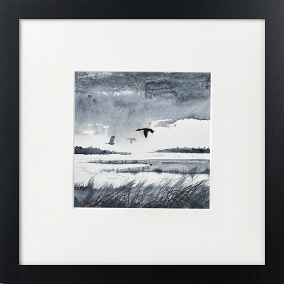 Monochrome ducks rainclouds, marshlands framed