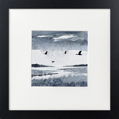 Monochrome - Brooding Marsh skies, Geese flying over framed