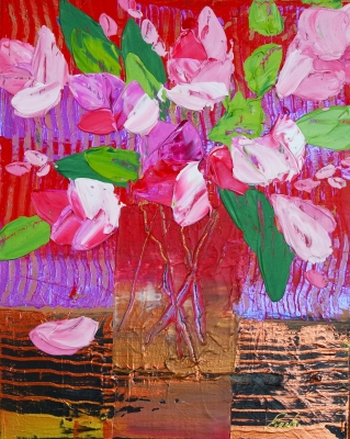 Pink Flowers in Gold and Red Vase 110