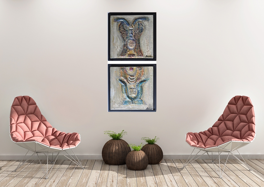 The Faraons, 3D acrylic, paper mache, on canvas 12x12 inches, SKU 1070 