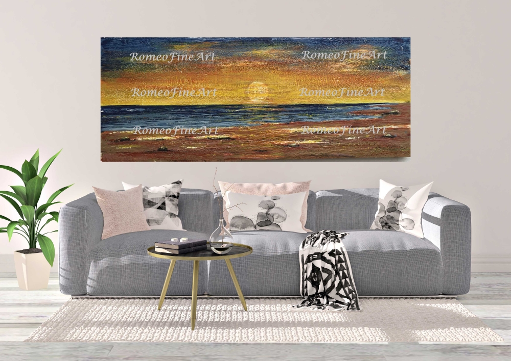Seascape Ontario Lake, organic bees-wax on plywood, 24Hx58Lx1w inch, SKU 2011