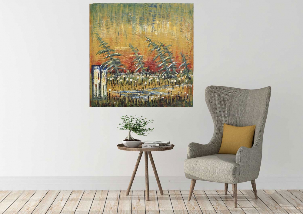 Landscape, Me, you and the fall, Muskoka Lake, ontario, Landscape, organic bees-wax on plywood, 30X30 inch, (76x76 cm) SKU 2012 