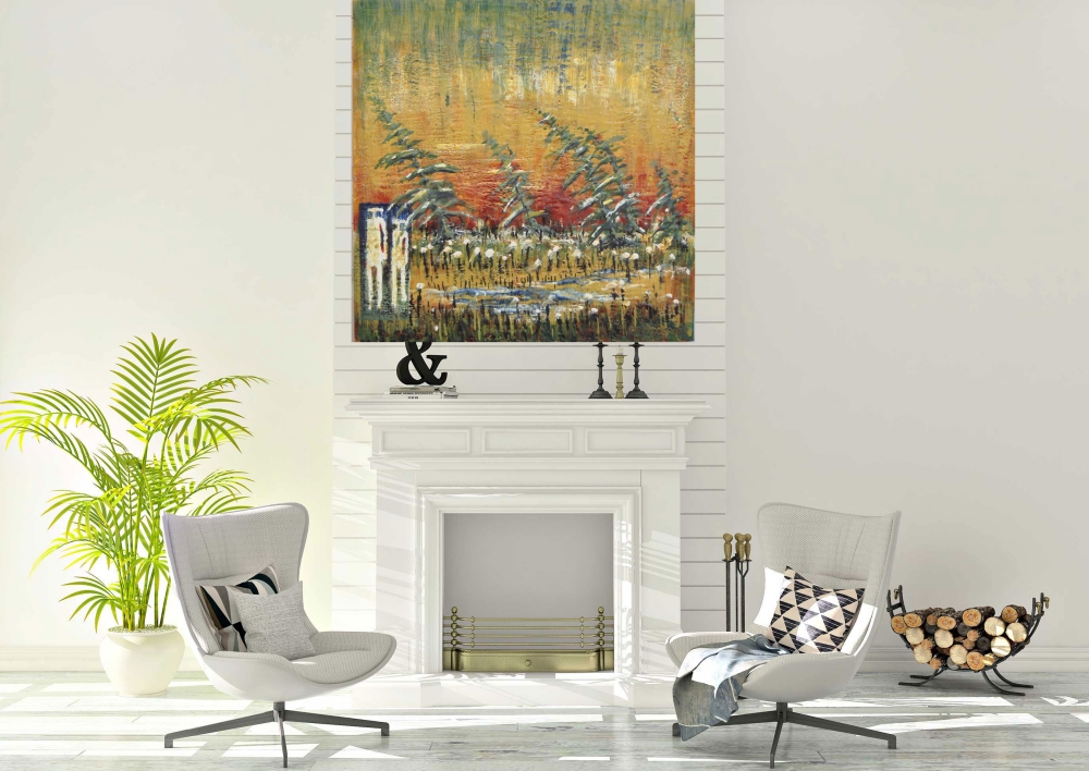 Landscape, Me, you and the fall, Muskoka Lake, ontario, Landscape, organic bees-wax on plywood, 30X30 inch, (76x76 cm) SKU 2012 