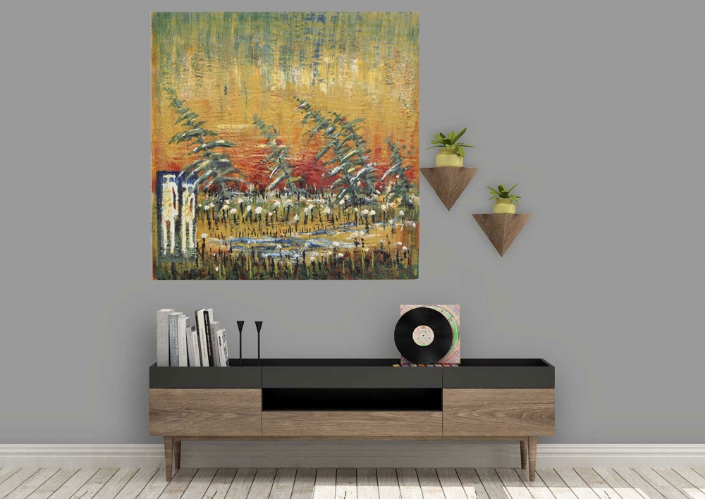 Landscape, Me, you and the fall, Muskoka Lake, ontario, Landscape, organic bees-wax on plywood, 30X30 inch, (76x76 cm) SKU 2012 