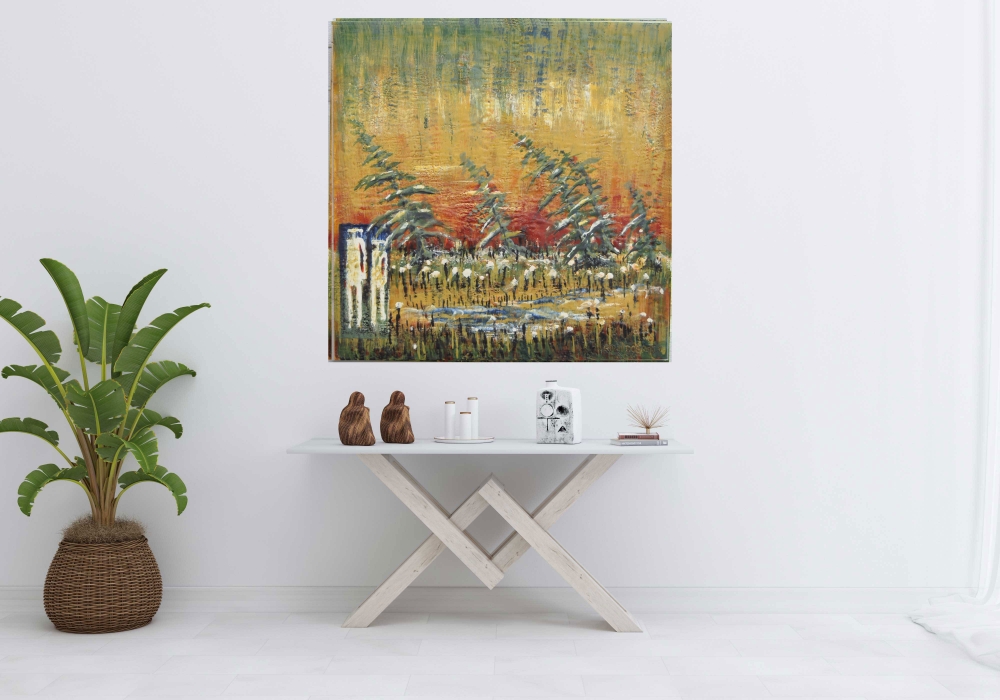 Landscape, Me, you and the fall, Muskoka Lake, ontario, Landscape, organic bees-wax on plywood, 30X30 inch, (76x76 cm) SKU 2012 