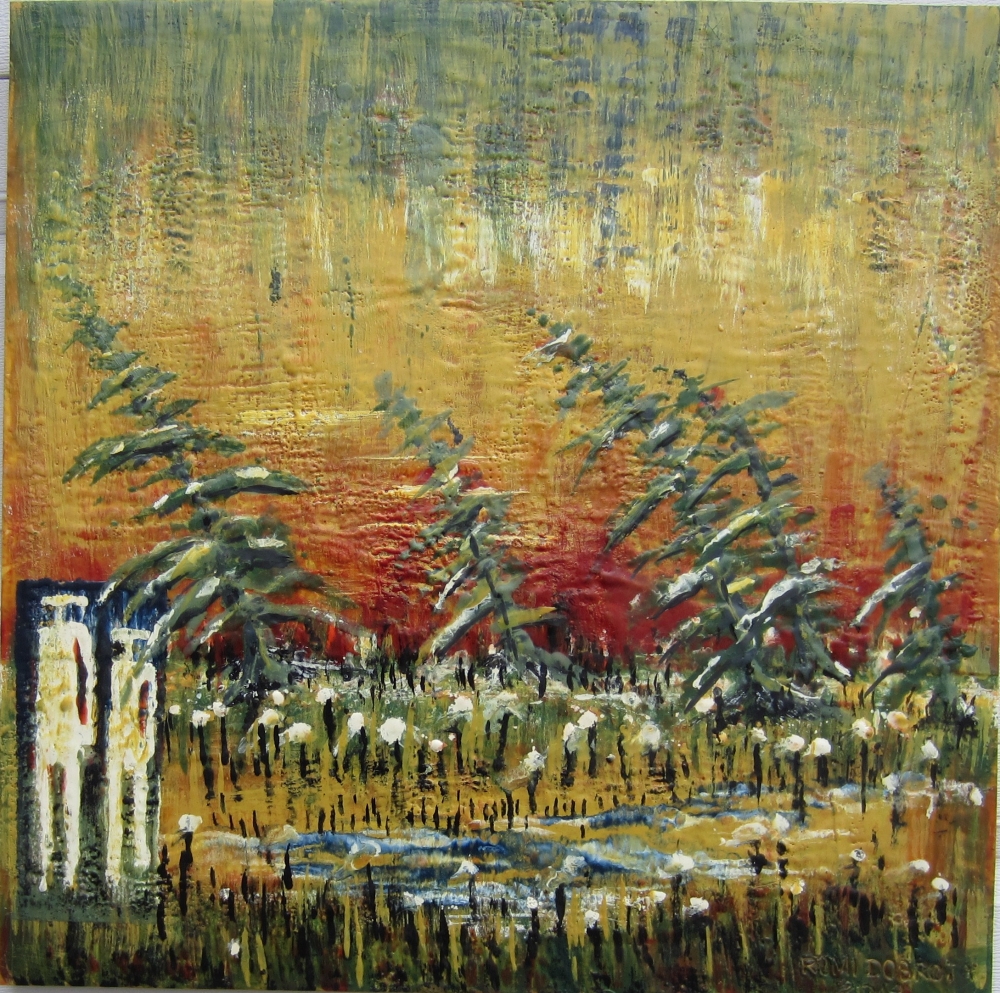 Landscape, Me, you and the fall, Muskoka Lake, ontario, Landscape, organic bees-wax on plywood, 30X30 inch, (76x76 cm) SKU 2012 