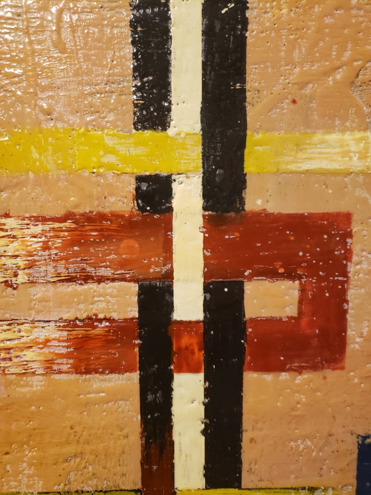 Geometric-cubiss connection, organic bees-wax on plywood, 24X48 inch, SKU 2017