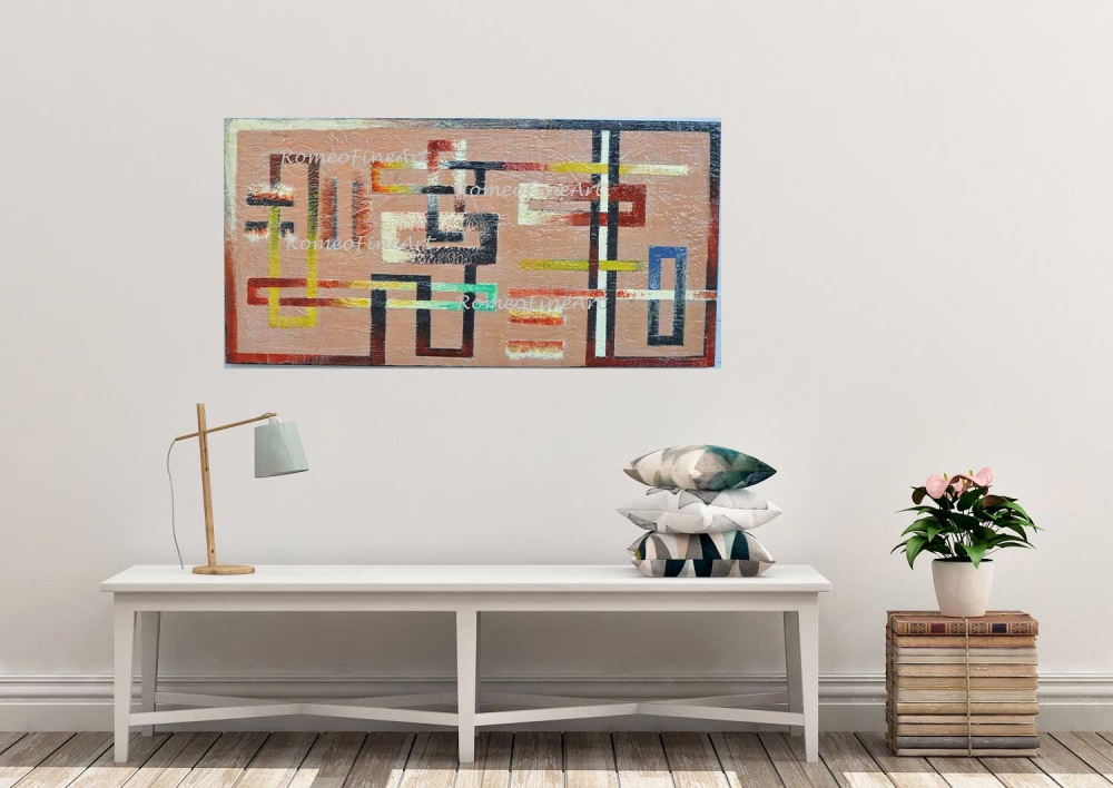 Geometric-cubiss connection, organic bees-wax on plywood, 24X48 inch, SKU 2017