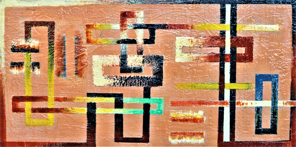 Geometric-cubiss connection, organic bees-wax on plywood, 24X48 inch, SKU 2017