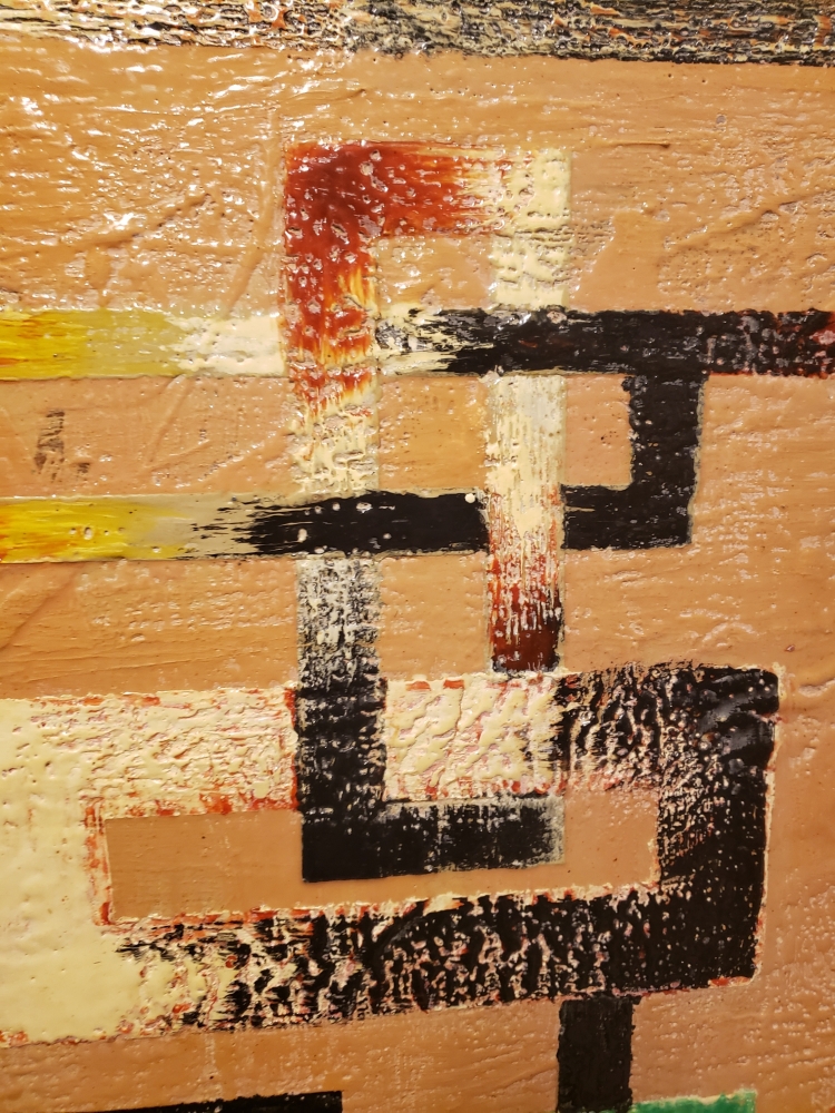 Geometric-cubiss connection, organic bees-wax on plywood, 24X48 inch, SKU 2017